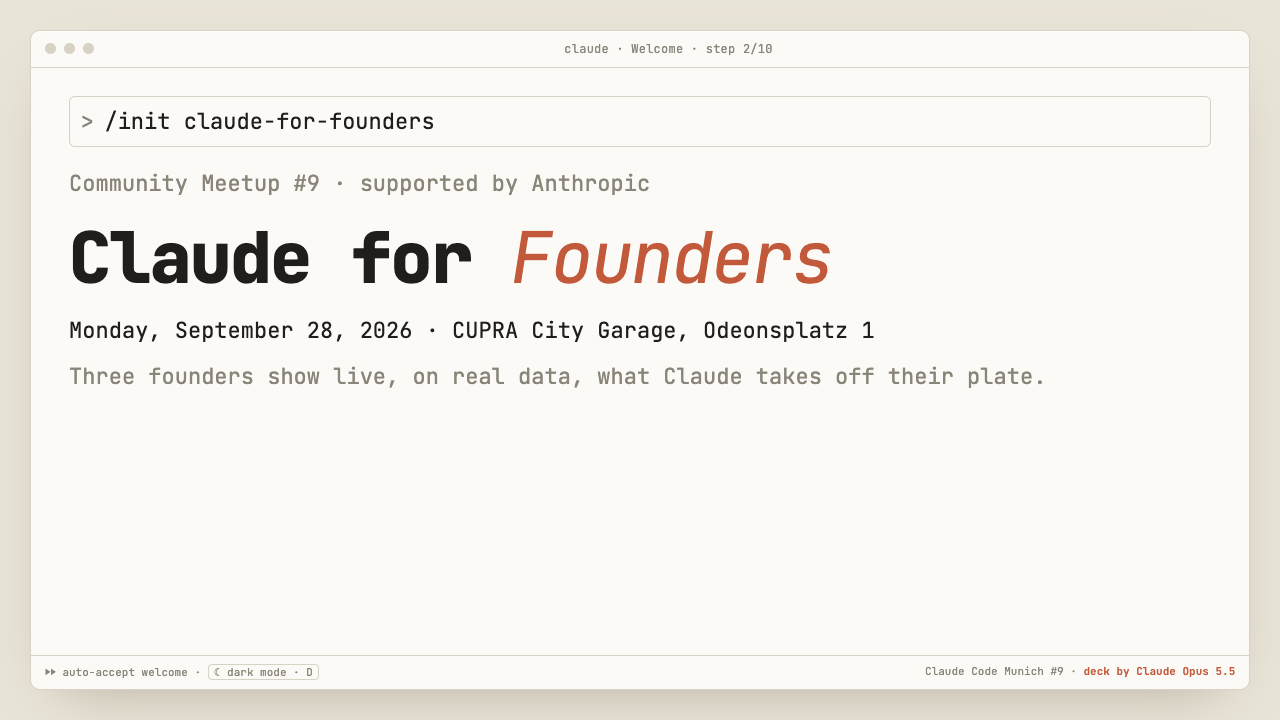 Slides: Munich Session, Begrüßung als Claude-Code-Sitzung – Claude Code Meetup München #9